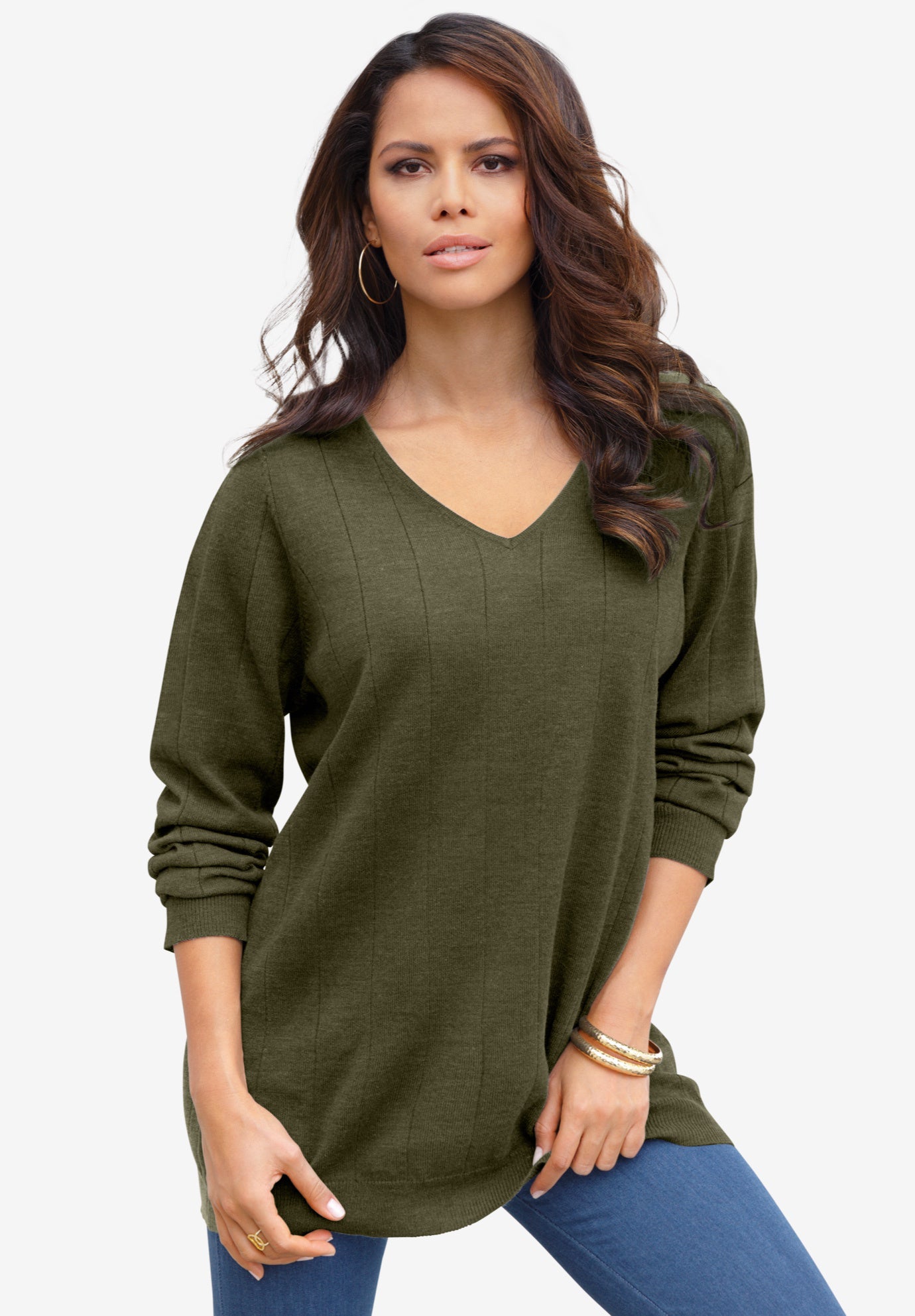 Plus Size Drop Needle V-Neck Lightweight Sweater Knit image number 1