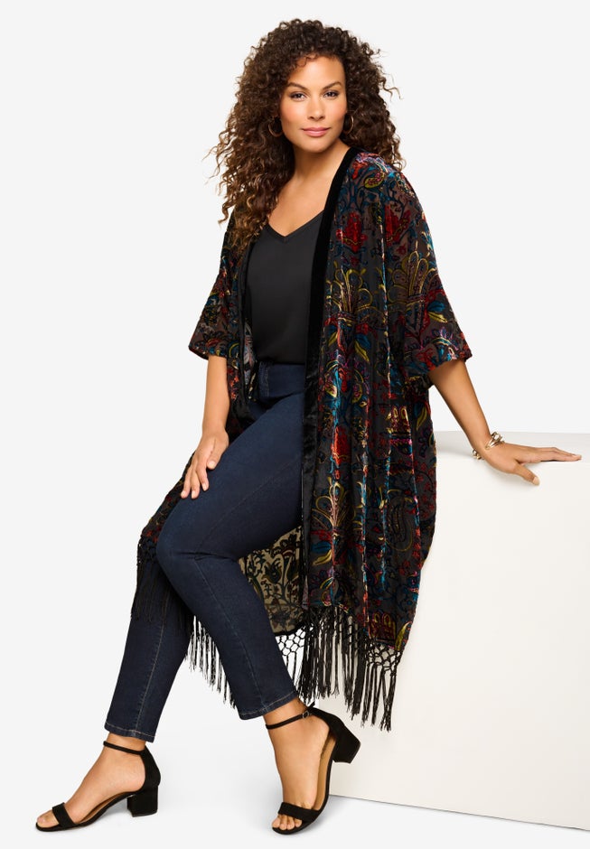 Plus Size Burnout Velvet Fringe Duster image number 3