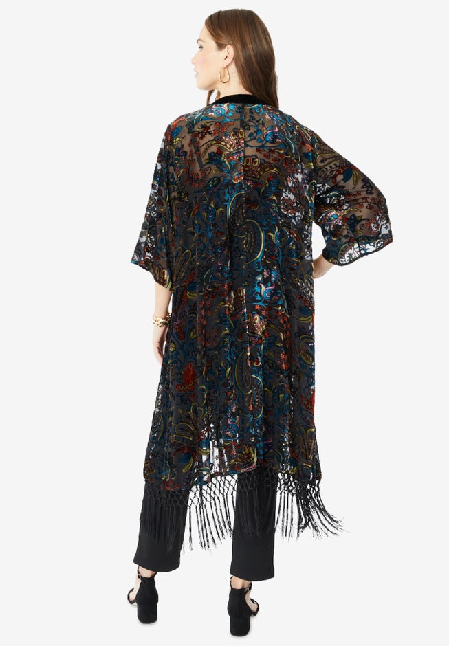 Plus Size Burnout Velvet Fringe Duster image number 1