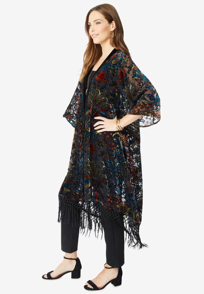 Plus Size Burnout Velvet Fringe Duster image number 4