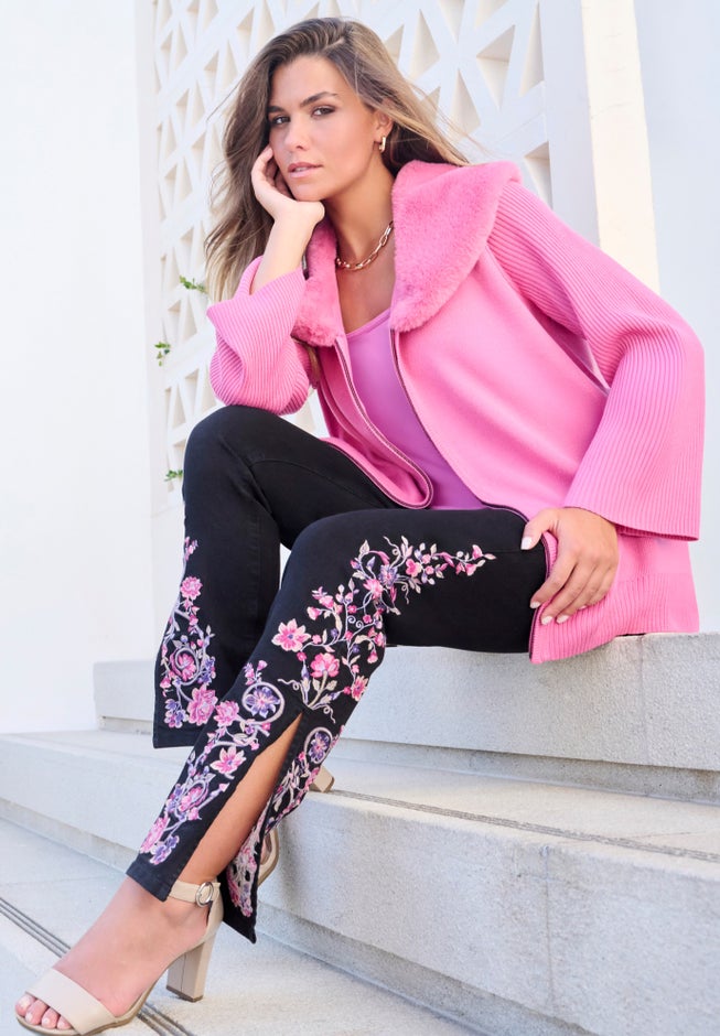 Faux Fur Collar Cardigan Sweater. image number 1