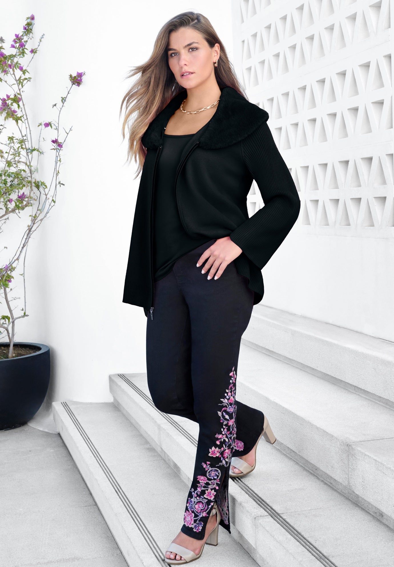 Faux Fur Collar Cardigan Sweater. image number 0