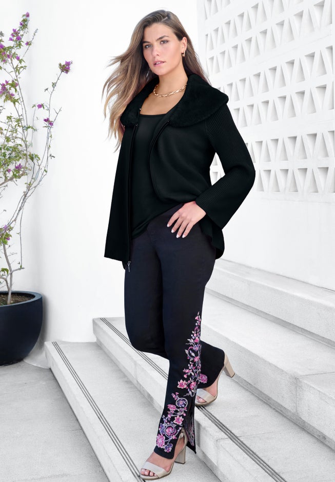 Faux Fur Collar Cardigan Sweater. image number 0