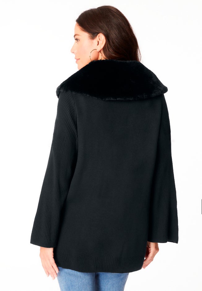 Faux Fur Collar Cardigan Sweater. image number 2