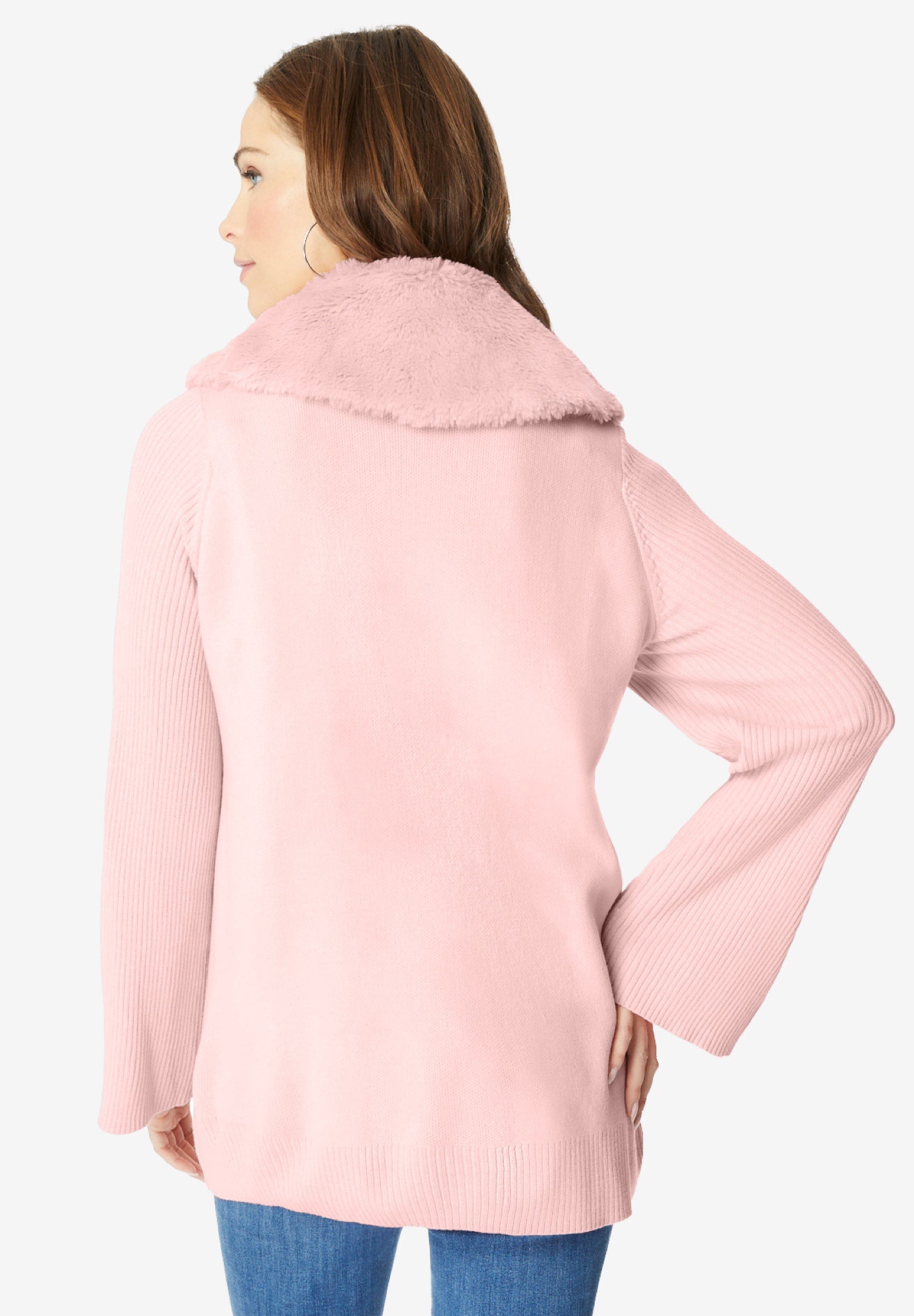 Faux Fur Collar Cardigan Sweater. image number 3