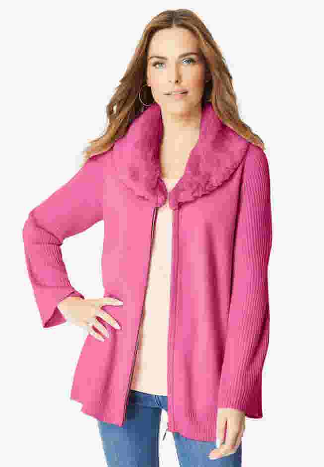 Faux Fur Collar Cardigan Sweater. image number 2