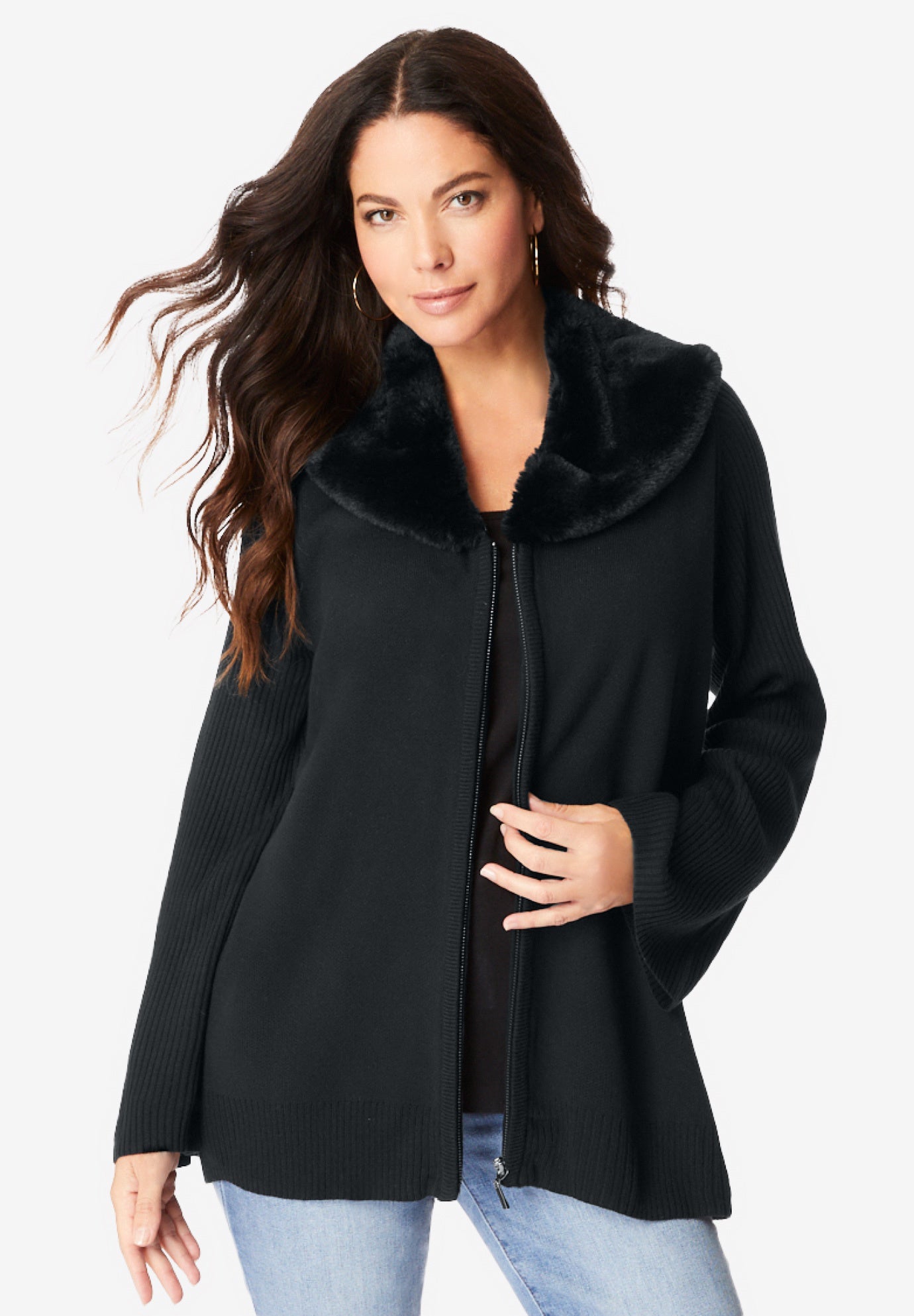 Faux Fur Collar Cardigan Sweater. image number 1