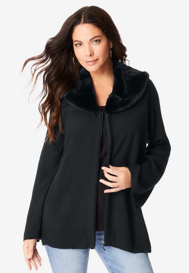 Faux Fur Collar Cardigan Sweater. image number 1