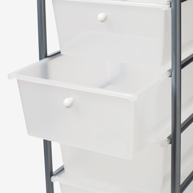 Close-up of a drawer interior on the rolling storage cart