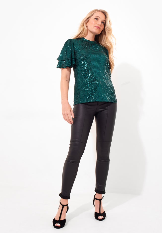 Short Flutter Sleeve Sequin Top image number 2