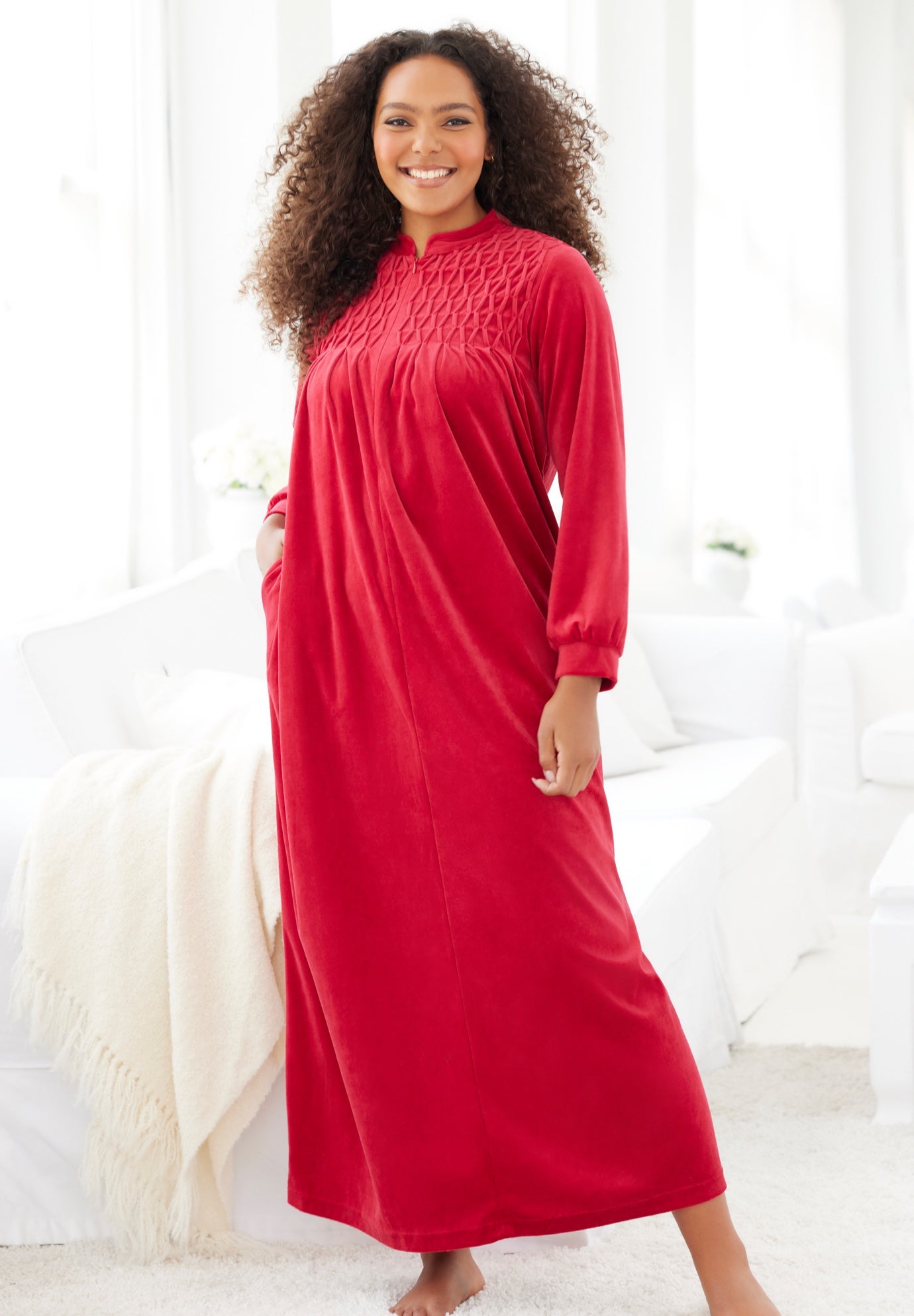 Smocked Velour Long Robe image number 4