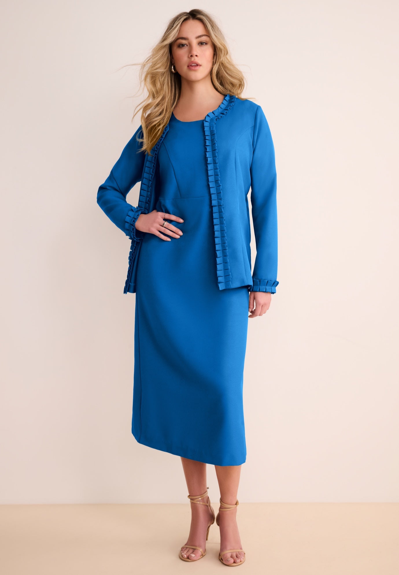 Plus Size Long Sleeve Pleated Jacket Dress Set &ndash; Elegant 2-Piece Sheath Suit image number 0