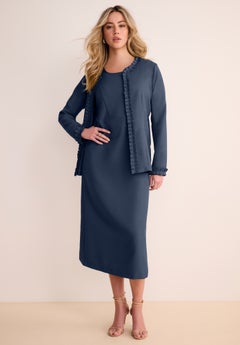 plus size jacket dresses Roaman's Women's Long Sleeve Pleated Dress Set Elegant 2-Piece Sheath Suit The open Trendy Plus Size Denim Trucker