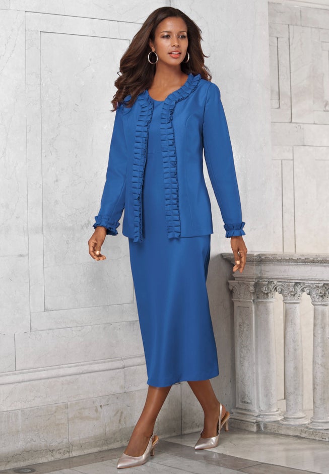 Plus Size Long Sleeve Pleated Jacket Dress Set – Elegant 2-Piece Sheath Suit image number 0