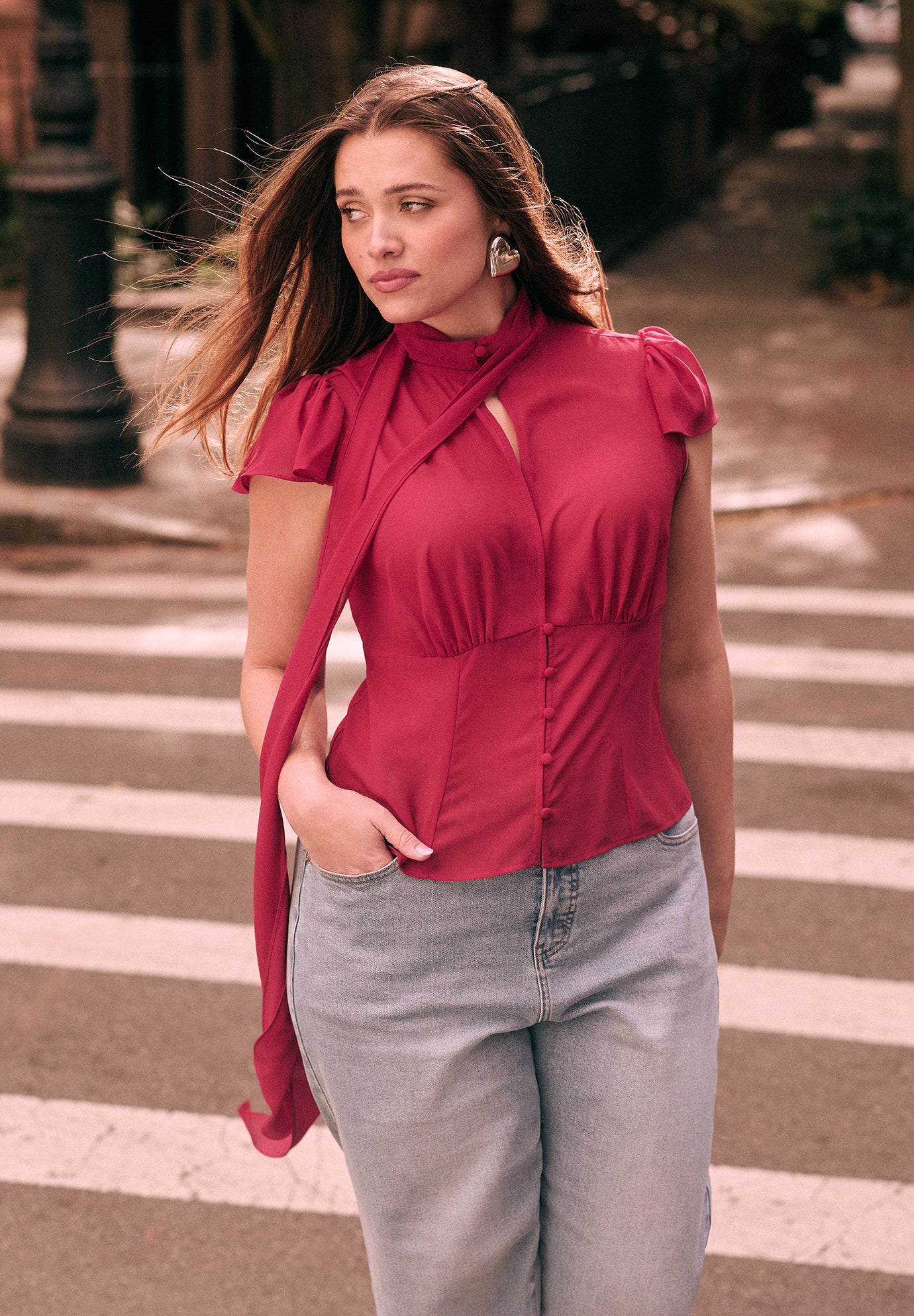 Flutter Sleeve Top With Necktie image number 0