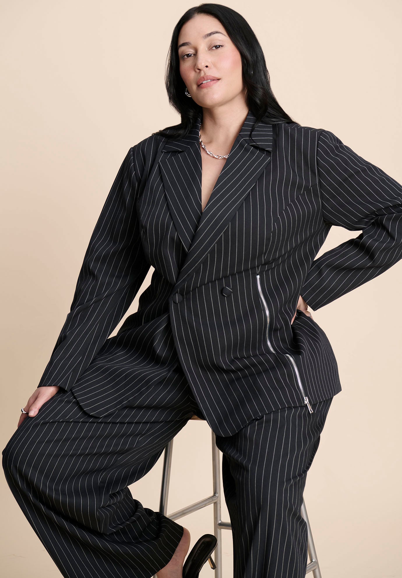 Zip Hem Pinstripe Blazer image number 1