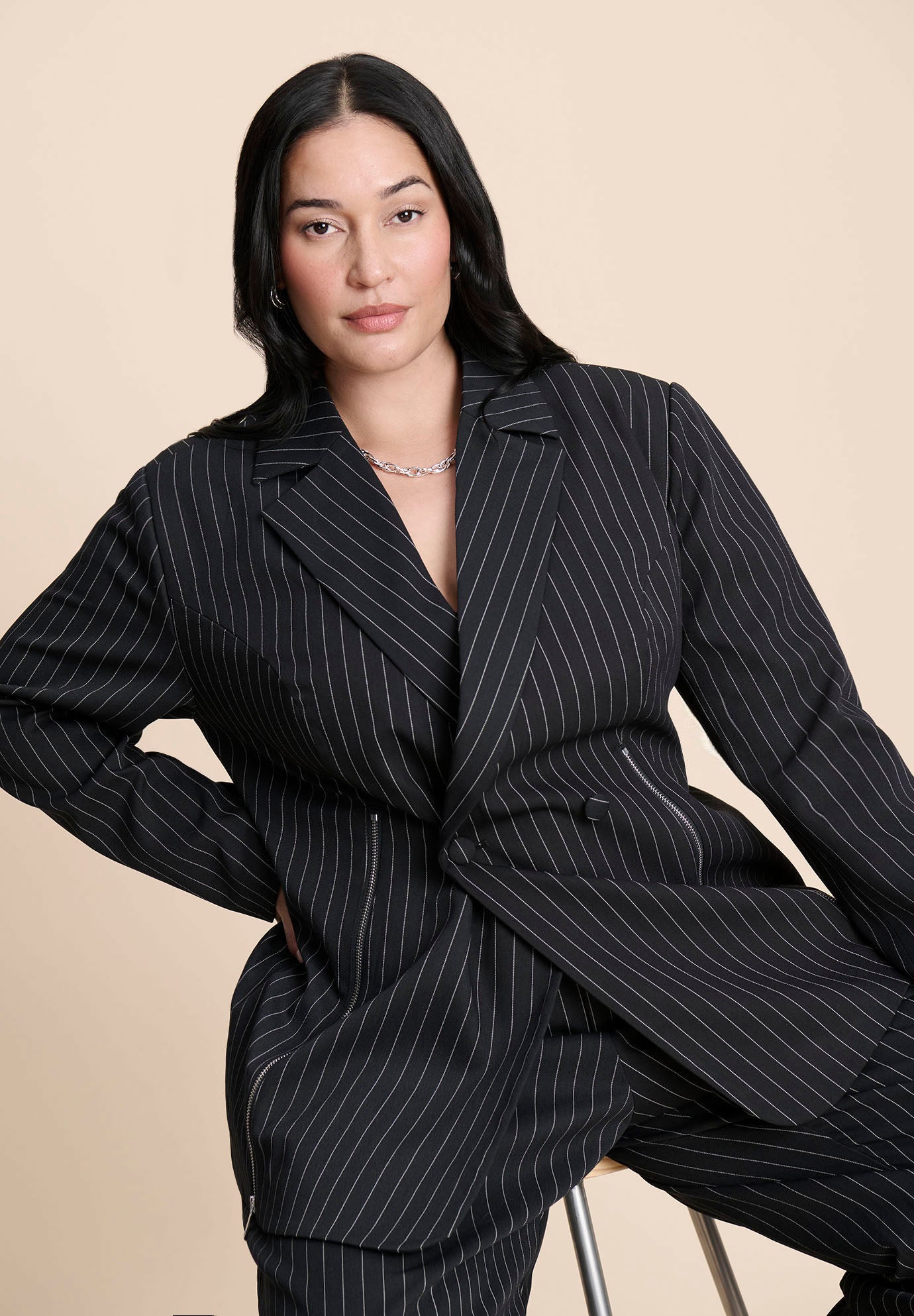 Zip Hem Pinstripe Blazer image number 0