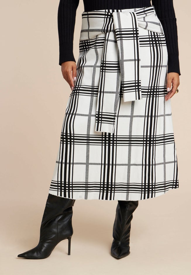Plaid Midi Sweater Skirt With Sleeve Ties image number 2