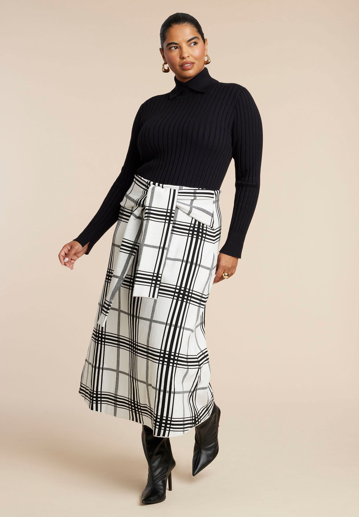 Plaid Midi Sweater Skirt With Sleeve Ties image number 0
