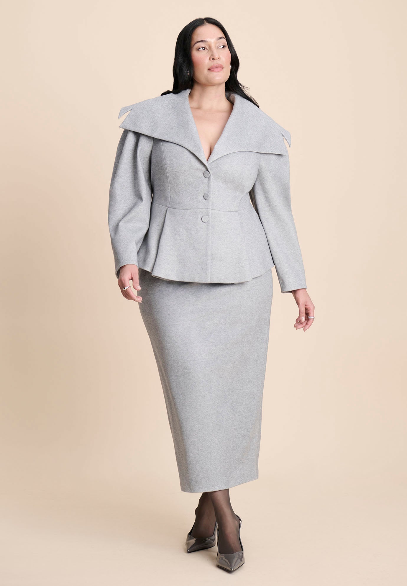 Wide Collar Peplum Heathered Jacket image number 3