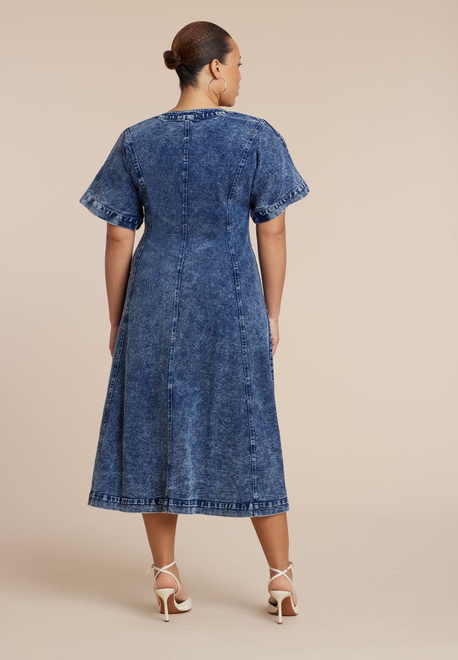 V Neck Flare Denim Dress image number 4