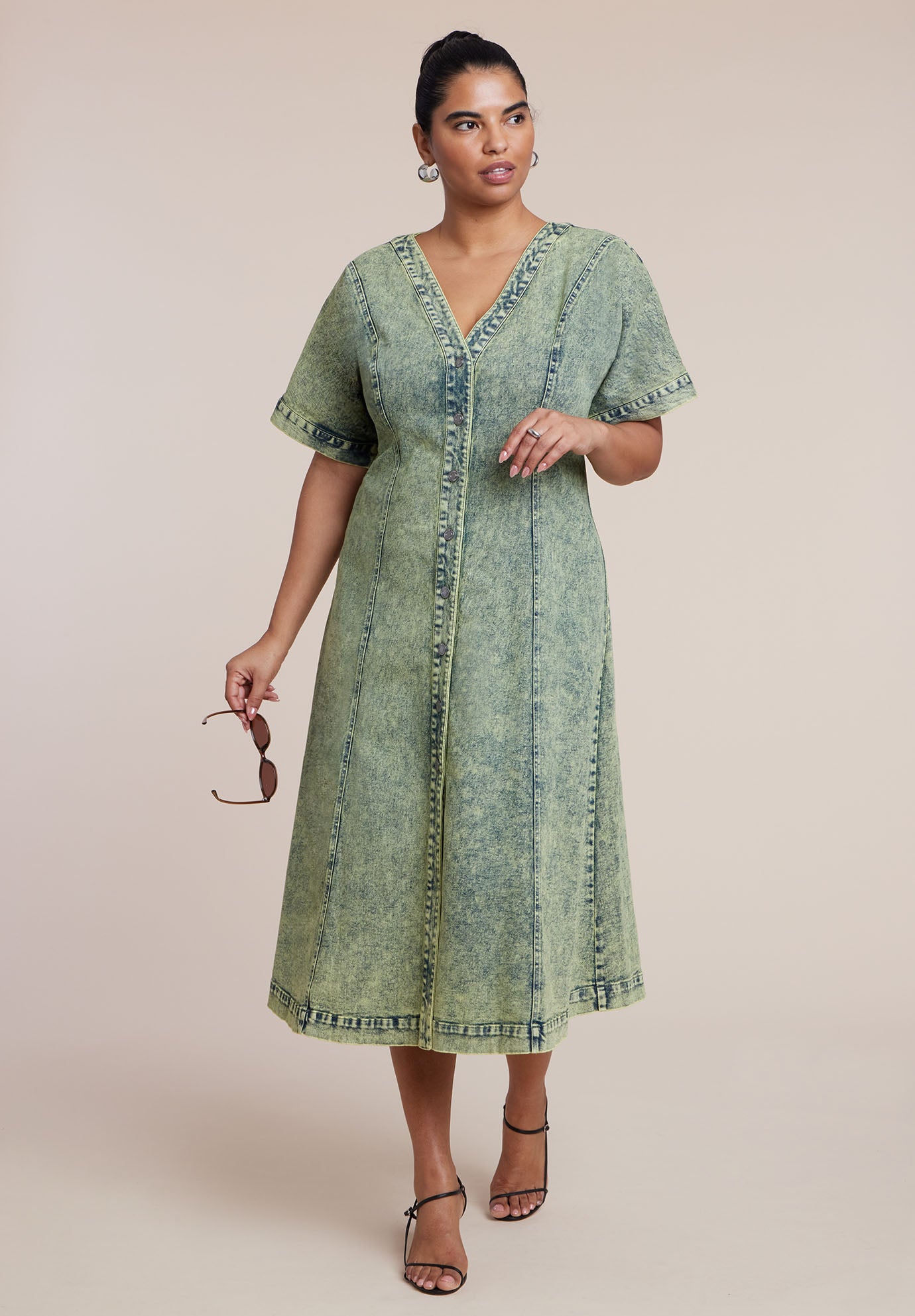 V Neck Flare Denim Dress image number 0