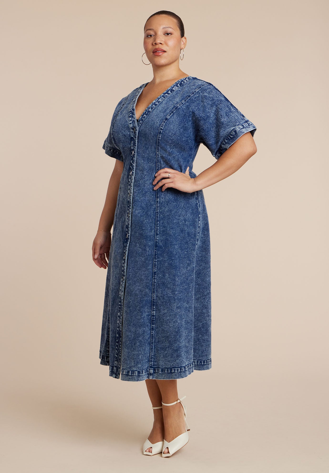 V Neck Flare Denim Dress image number 0