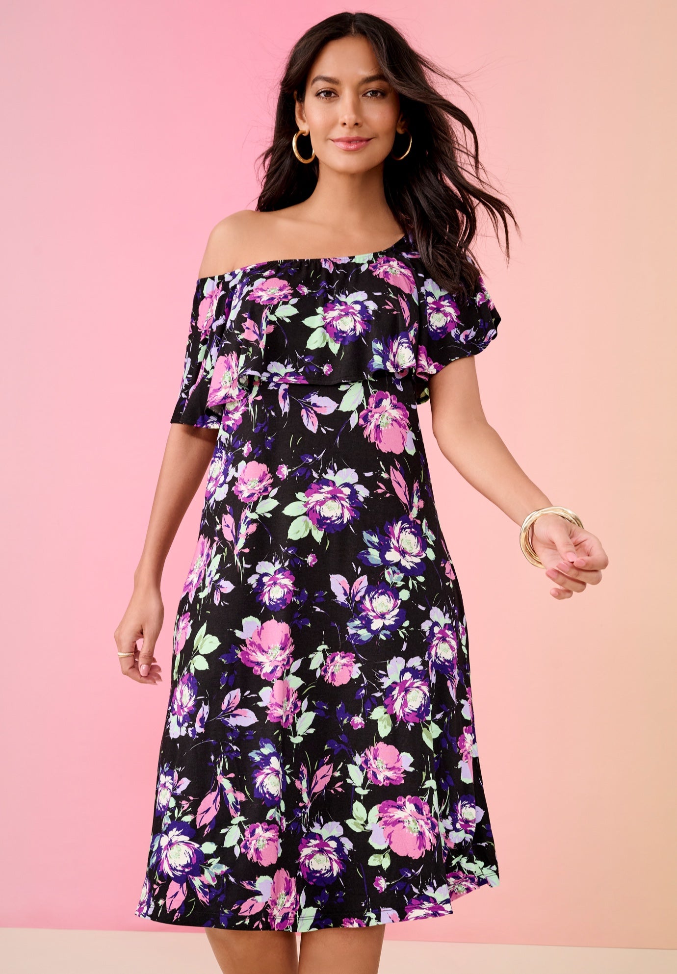 Plus Size Stretch Knit Convertible Flounce Dress image number 2
