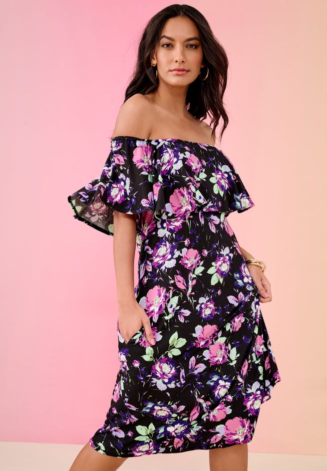 Plus Size Stretch Knit Convertible Flounce Dress image number 1