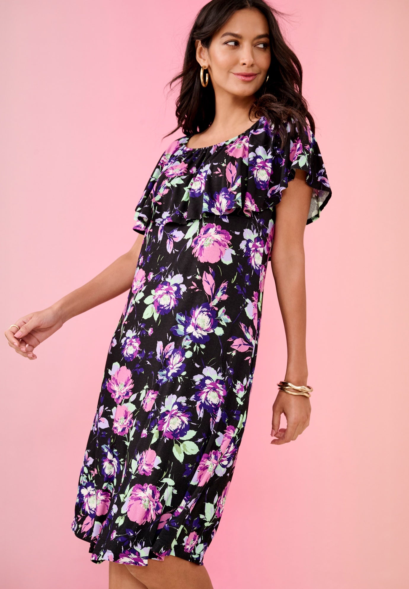 Plus Size Stretch Knit Convertible Flounce Dress image number 4