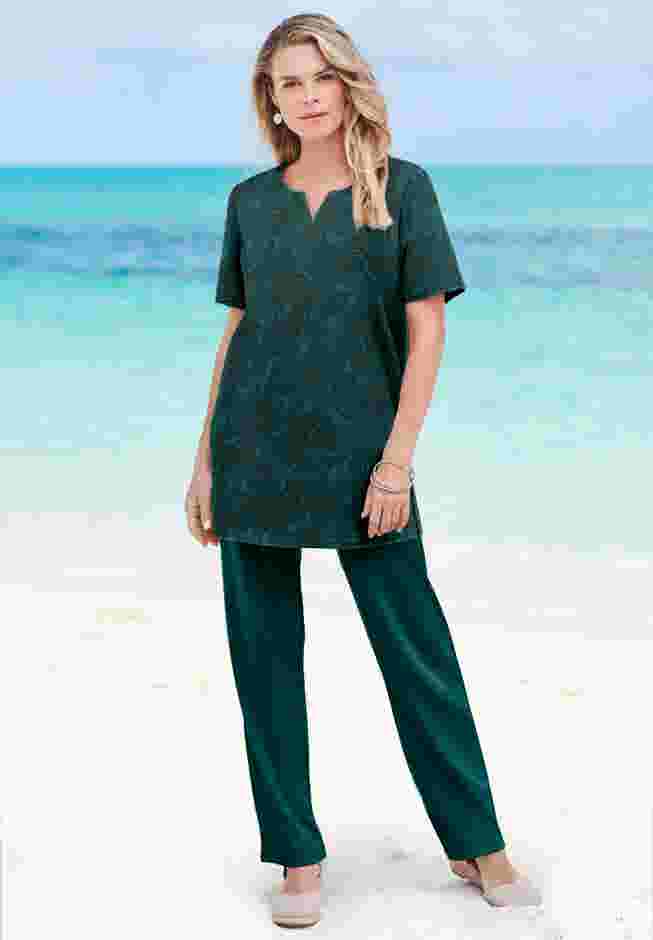 Plus Size Soft Knit Print Tunic with Notch Neckline image number 0