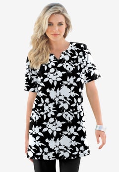 Plus Size Soft Knit Print Tunic with Notch Neckline
