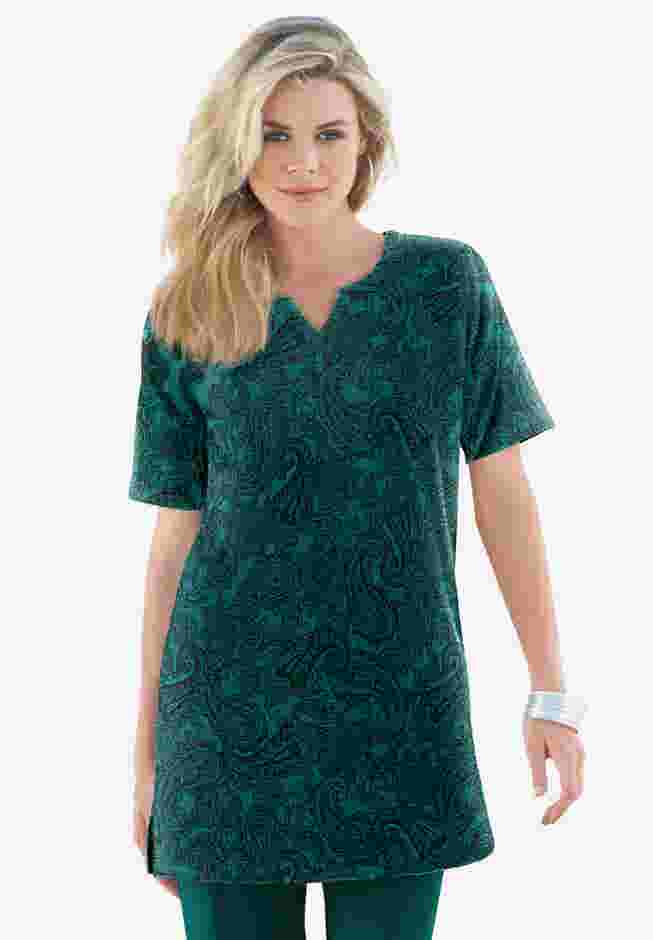 Plus Size Soft Knit Print Tunic with Notch Neckline image number 1
