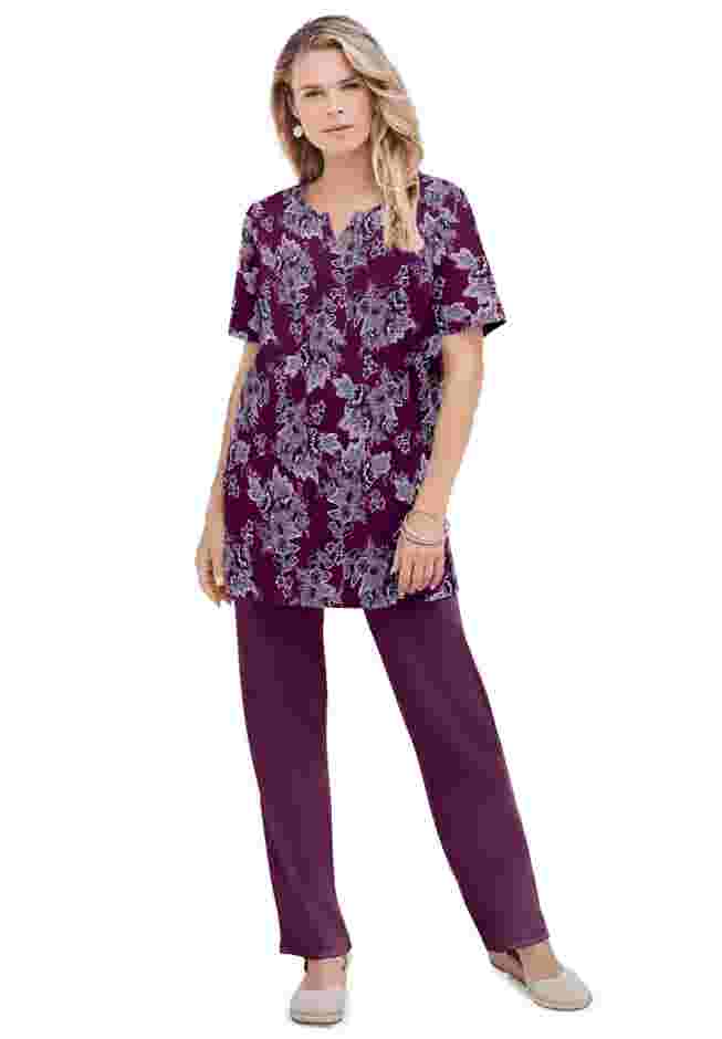 Plus Size Soft Knit Print Tunic with Notch Neckline image number 0