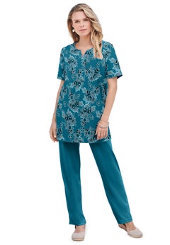 Plus Size Soft Knit Print Tunic with Notch Neckline