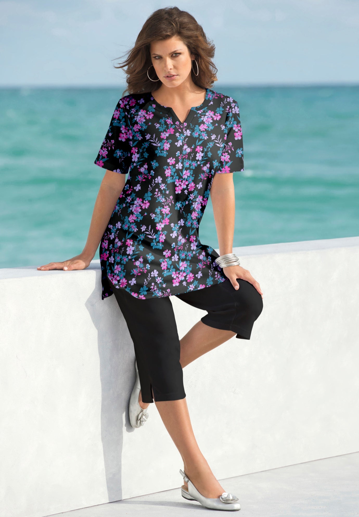 Plus Size Soft Knit Print Tunic with Notch Neckline image number 0