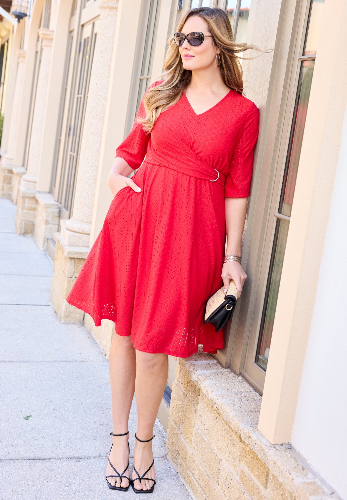 Eyelet Fit & Flare Faux Wrap Dress image number 1