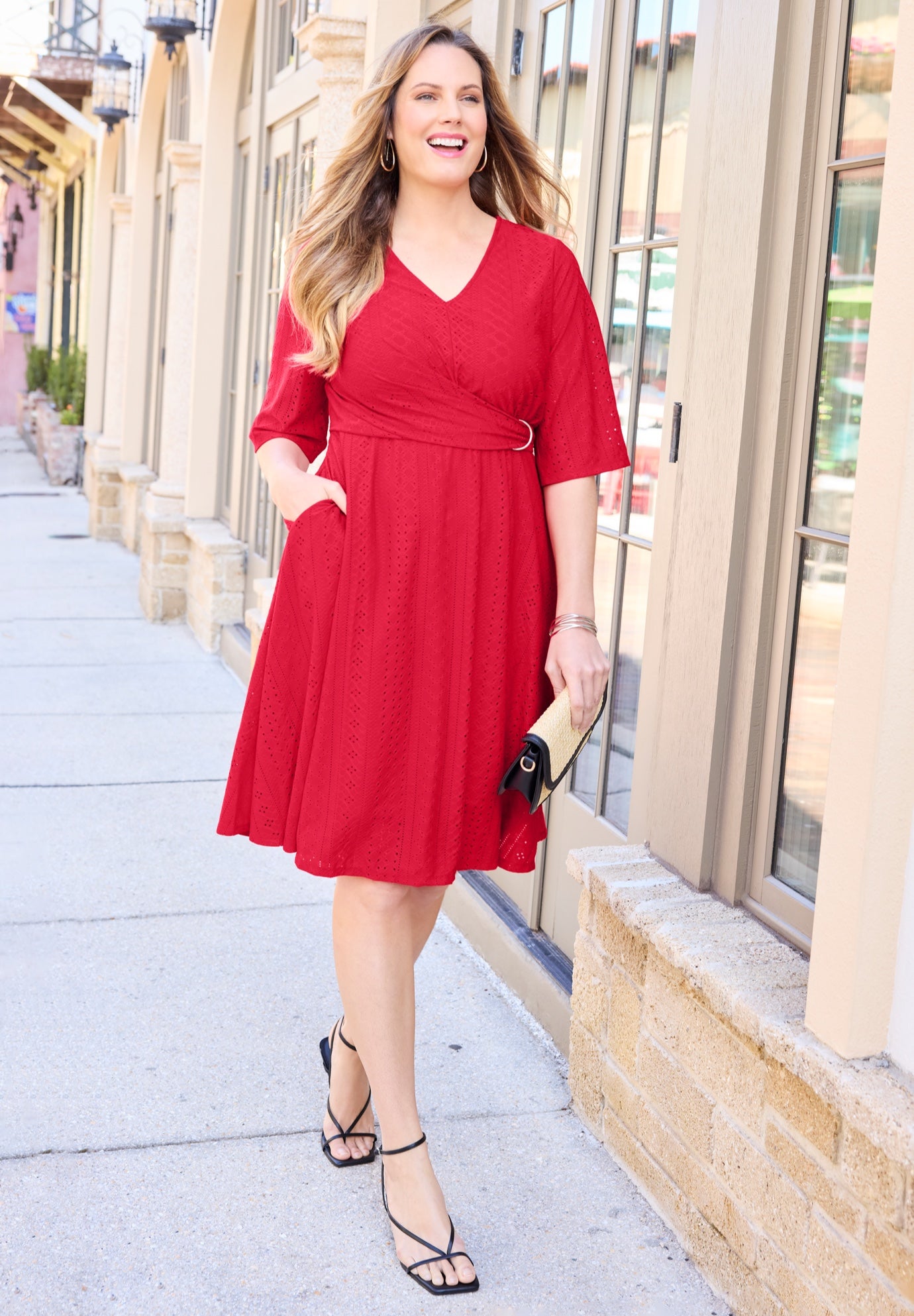 Eyelet Fit & Flare Faux Wrap Dress image number 0