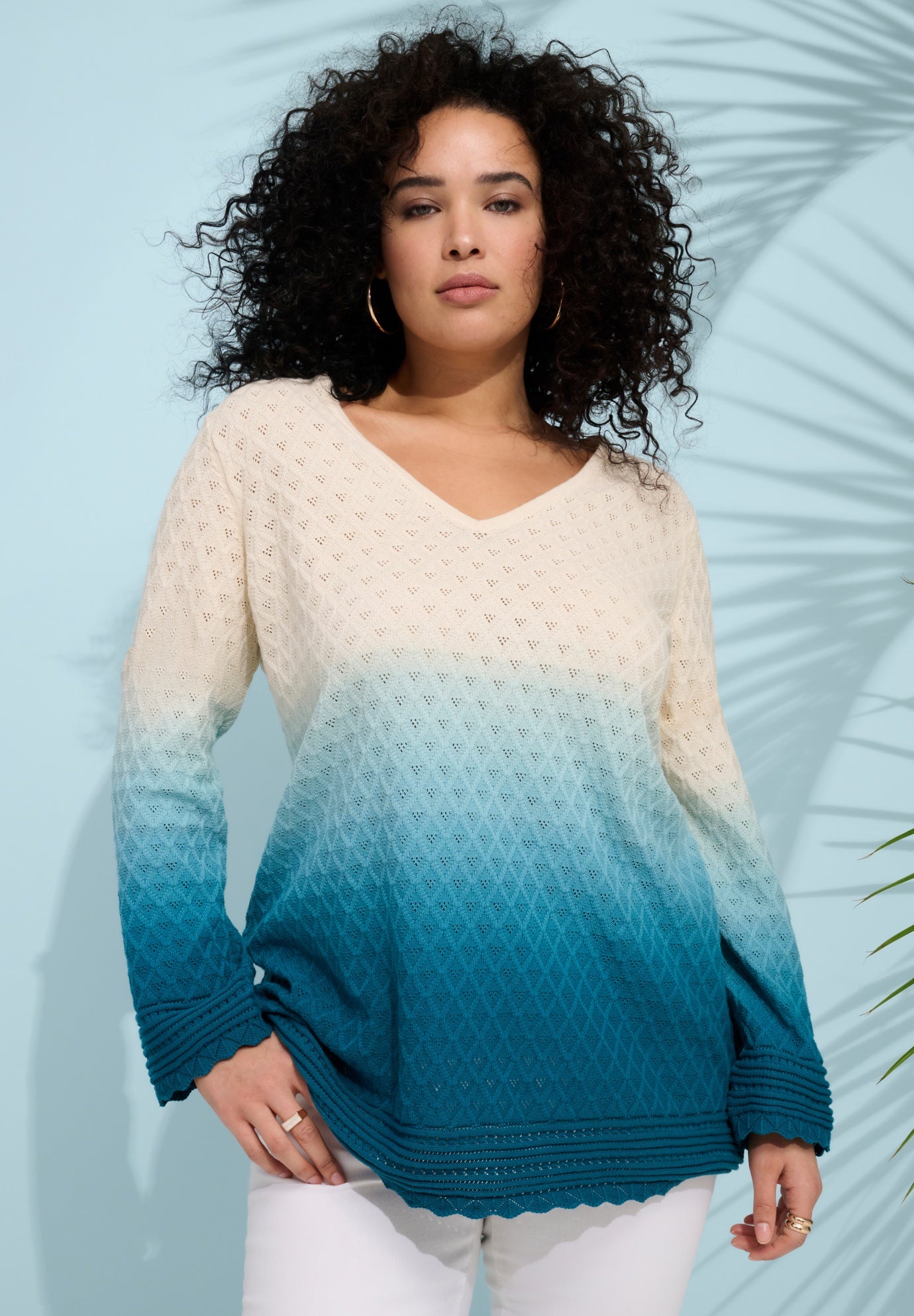 Plus Size Cotton Openwork Ombre V-Neck Pullover Sweater image number 2