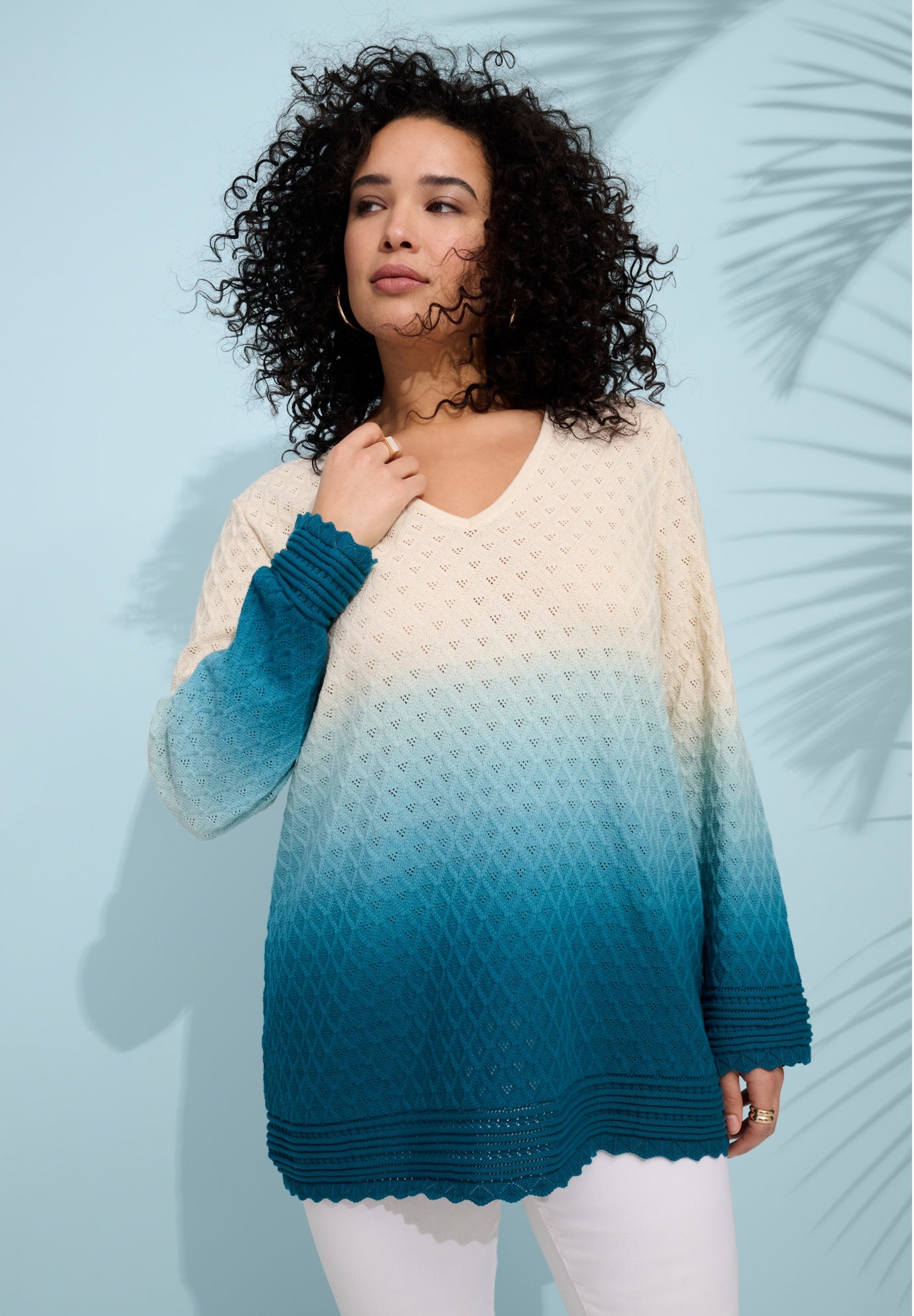 Plus Size Cotton Openwork Ombre V-Neck Pullover Sweater image number 0