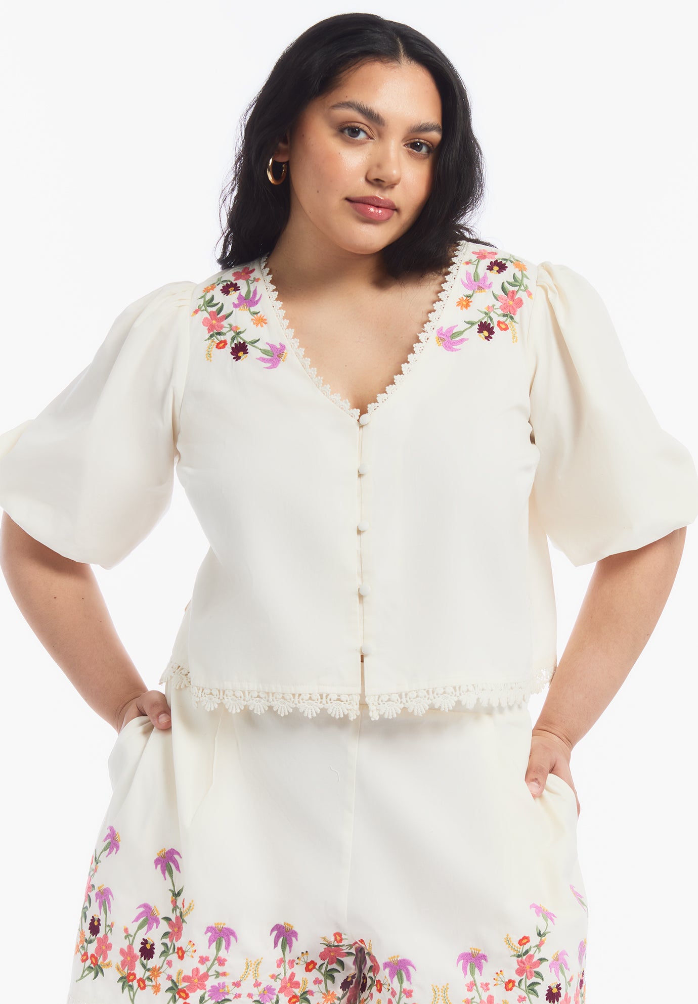 Lace-Trim Embroidered Poplin Top image number 1