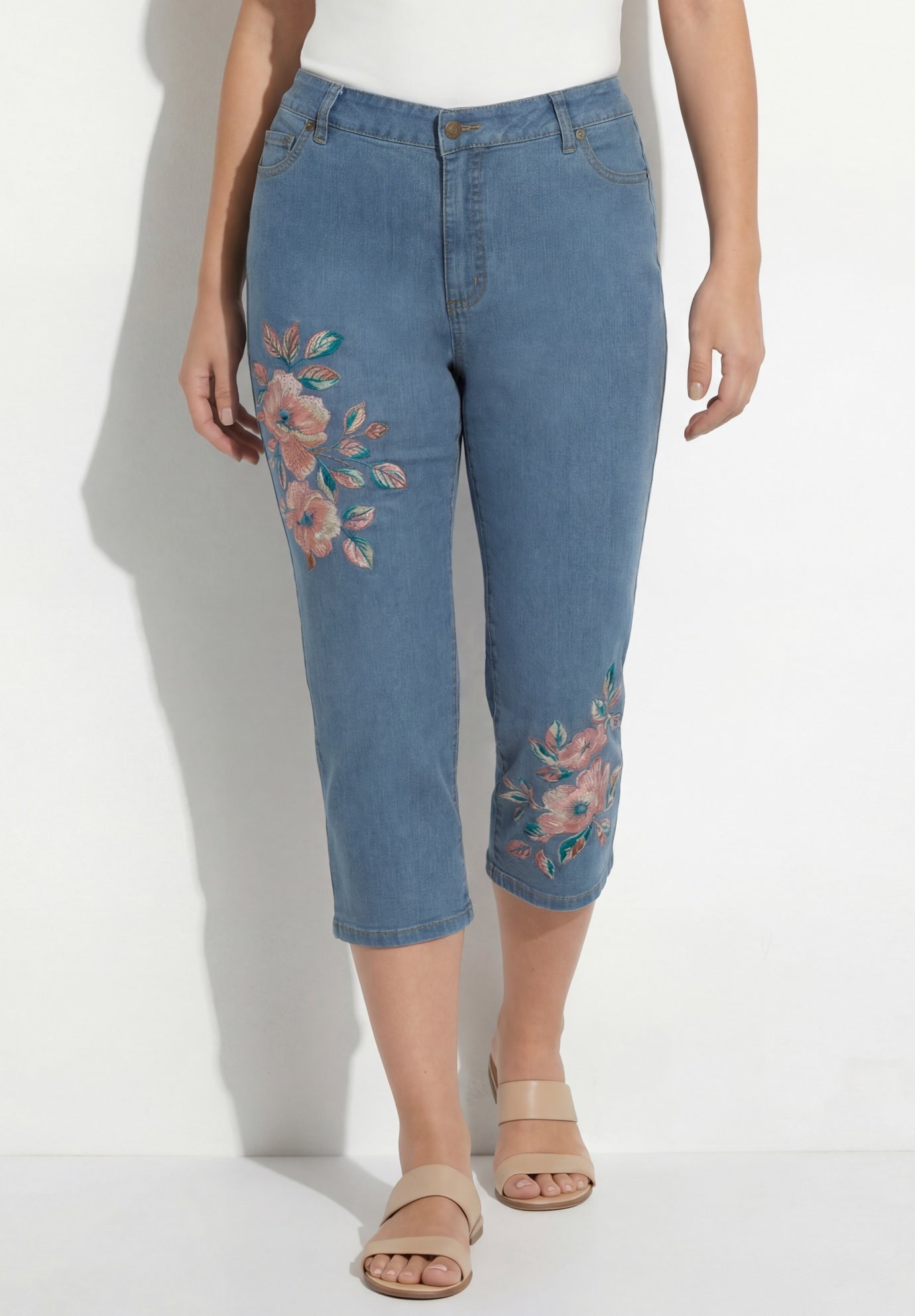 Plus Size Classic Stretch High-Rise Embroidered Capri Jean image number 0