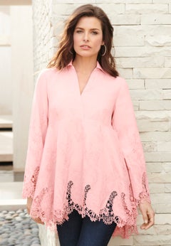 Extended Plus Size Poplin Embroidered Swing Tunic