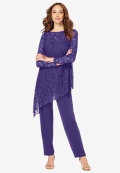 Extended Plus Size Asymmetrical Lace Pant Set &ndash;Long Sleeve Lace Scalloped Tunic & Elastic Waist Pants