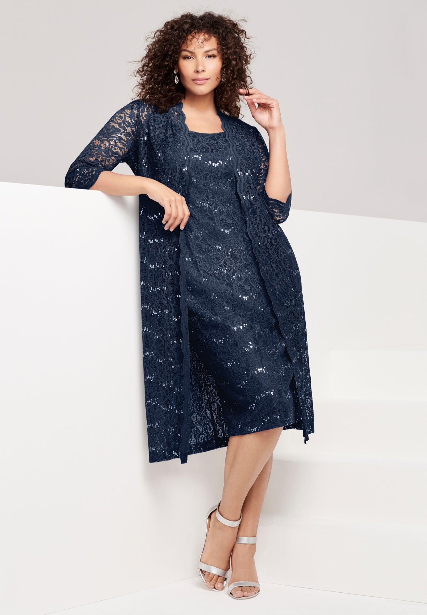 Extended Plus Size 3/4 Sleeve Formal Duster Sequin &ndash; Embellished Lace Dress Set image number 0
