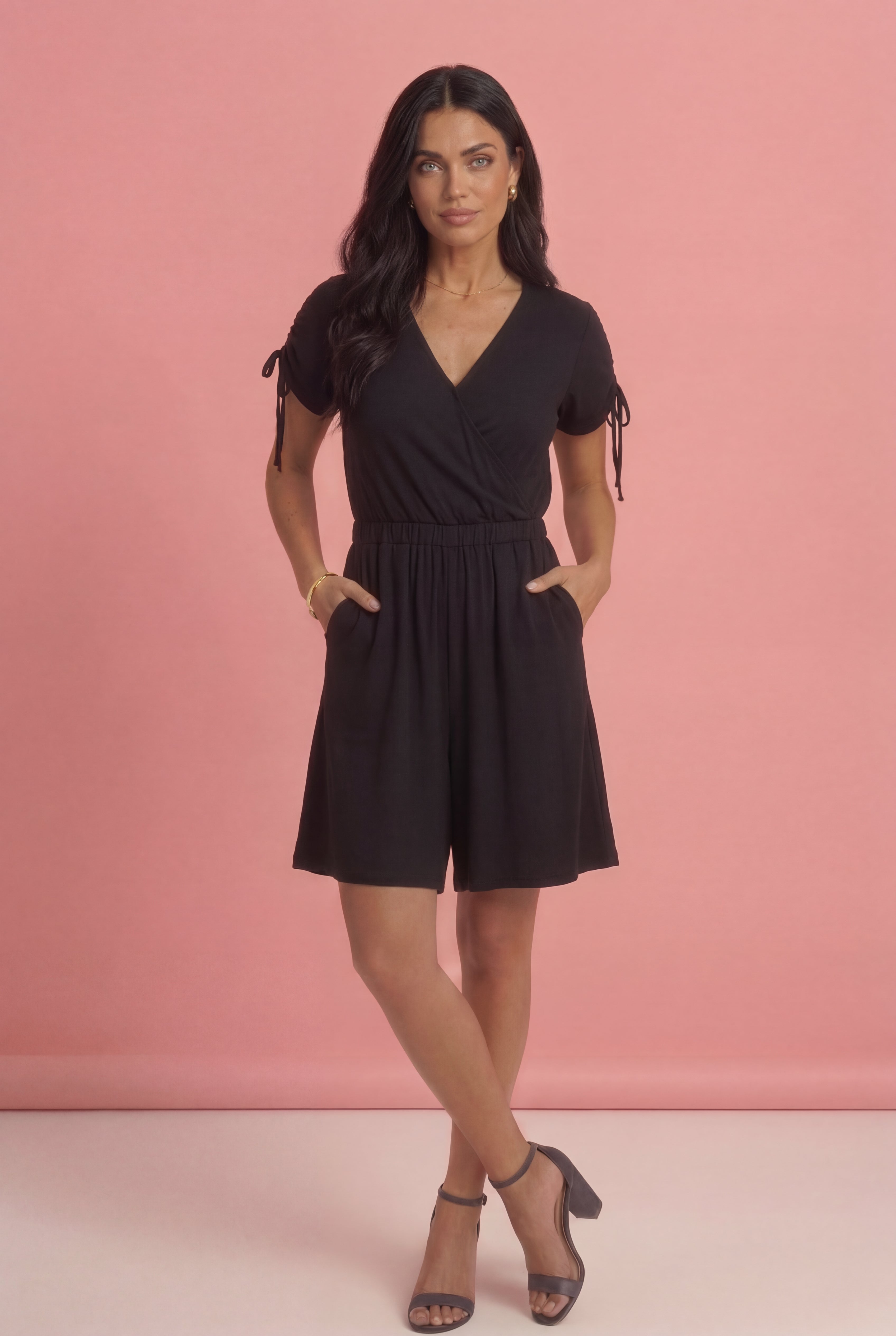 Plus Size Stretch Knit Faux-Wrap Sleeve Romper image number 0