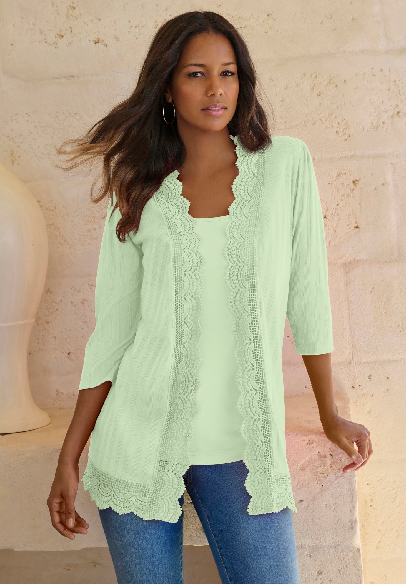 Crochet Trim Pointelle Cardigan image number 0