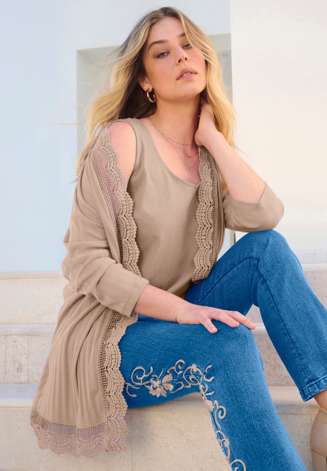 Crochet Trim Pointelle Cardigan image number 0