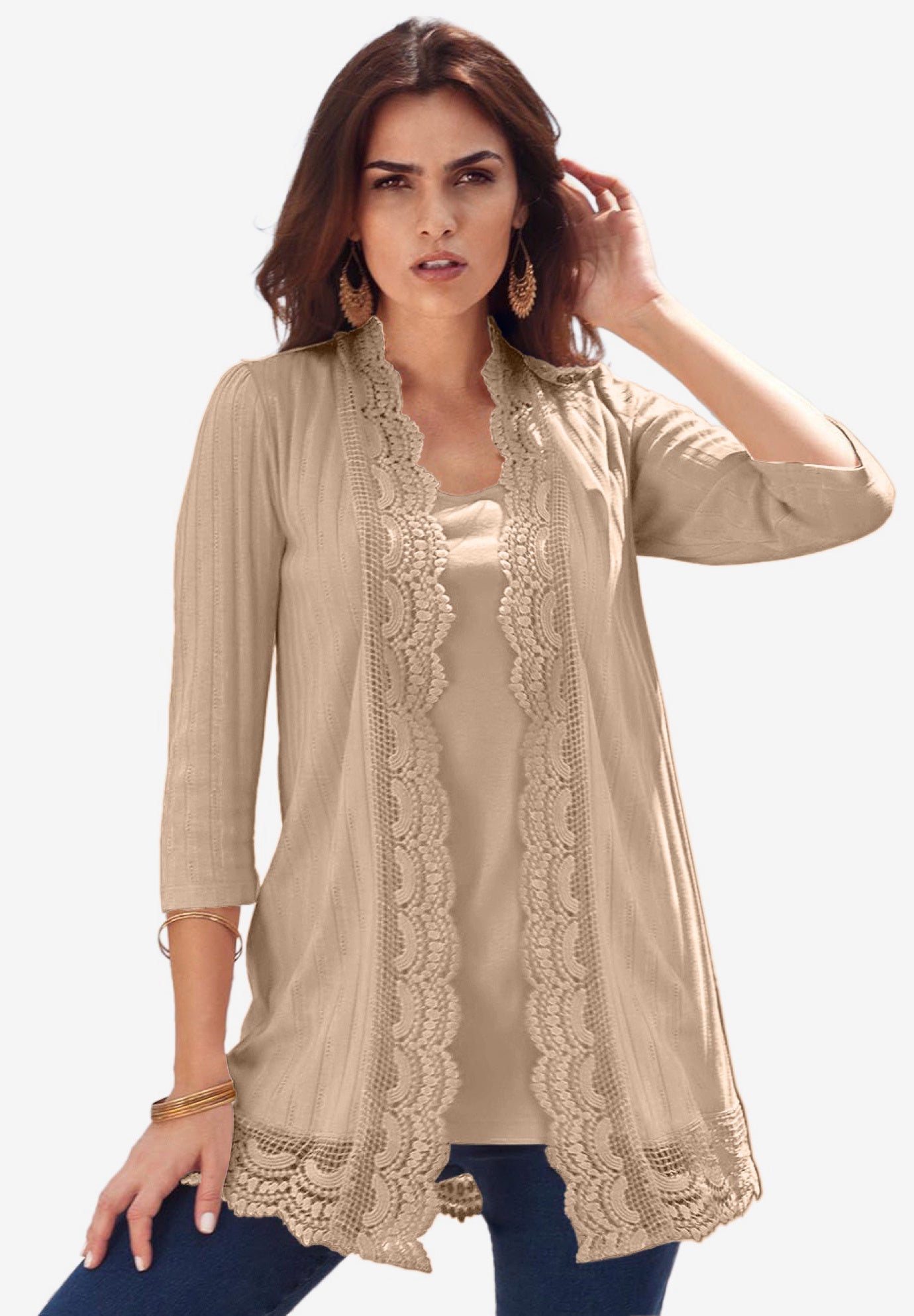 Crochet Trim Pointelle Cardigan image number 1