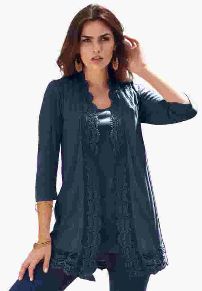 Crochet Trim Pointelle Cardigan image number 0